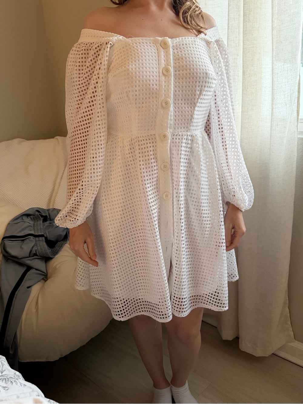 New York & Company White Off-Shoulder Eyelet Button-Front Dress